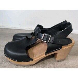 MIA Madeline T-strap Clogs 38 Leather Platform Swedish Wood Shoes Black